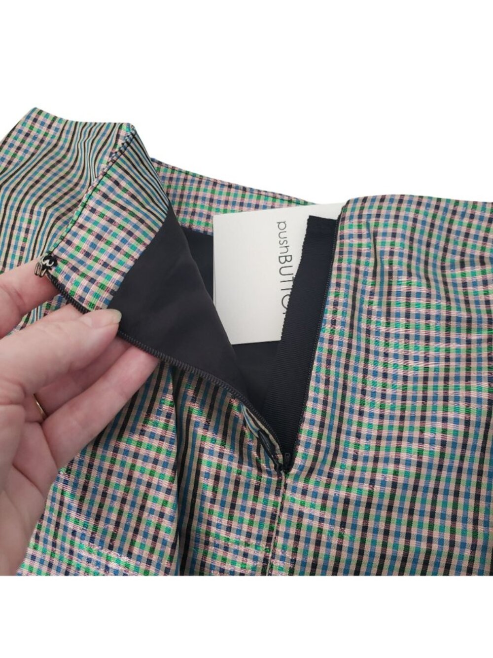 Pushbutton $536 Metallic Plaid Mini Skirt Large Bow Preppy School Pink Green - Picture 11 of 11